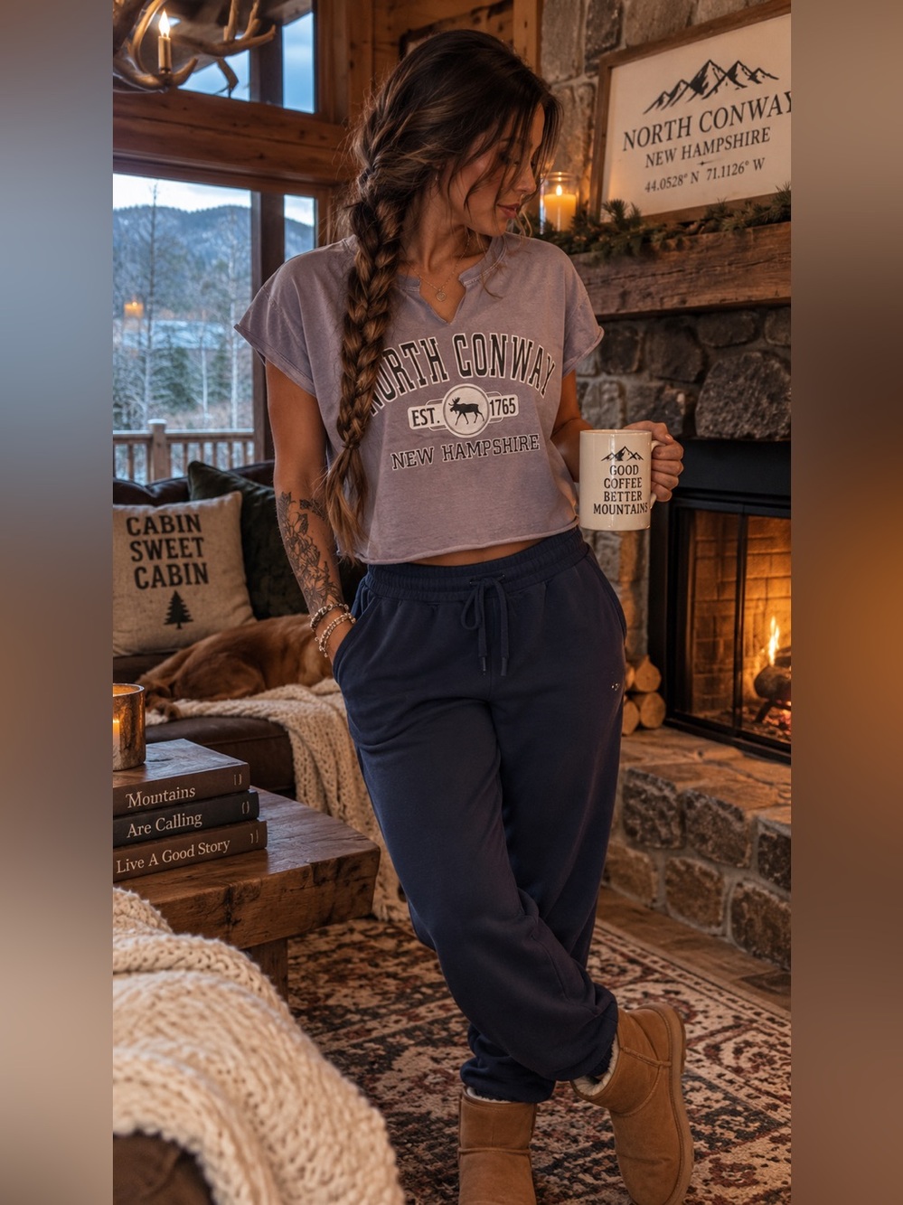 North Conway New Hampshire Custom Cutoff Crop Tee- Washed Purple